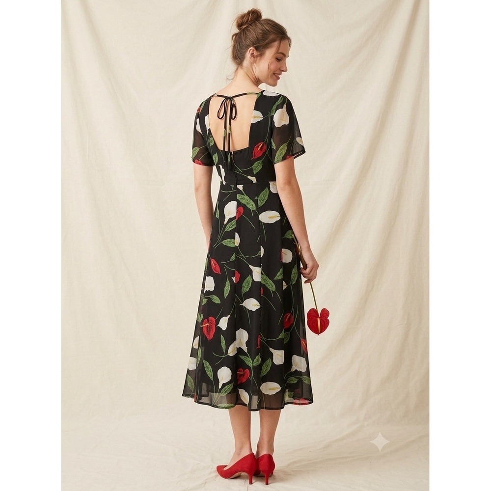 PROPECHY Floral A-Line Midi Dress Womens Black Red White Lily Core Romantic SZ16